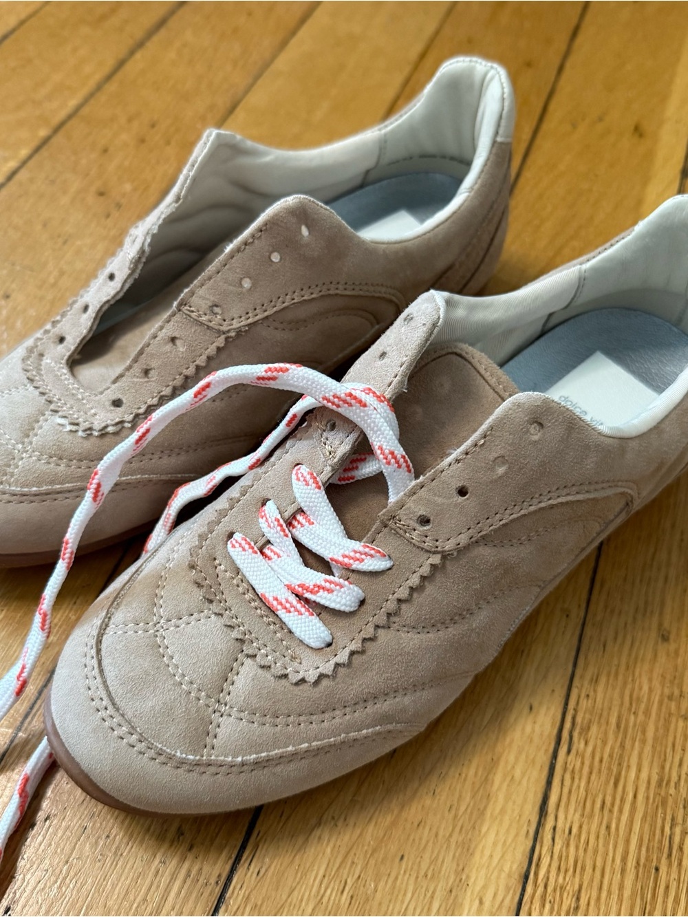 Dolce Vita Laini Taupe Suede Sneakers with White & Coral Laces